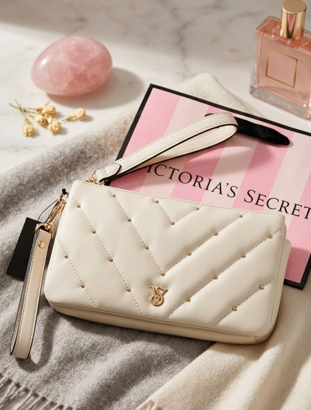 Victoria's Secret Quilted Cream Wrislet Gold Accents With VS Shopping Bag NWT